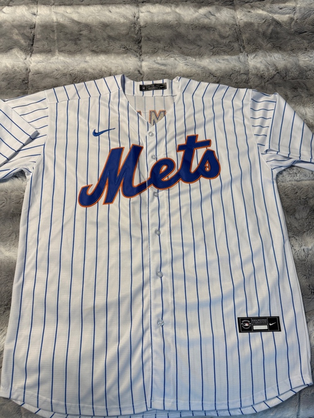 NIMMO- Nike White and Blue Mets Pinstripe Baseball Jersey